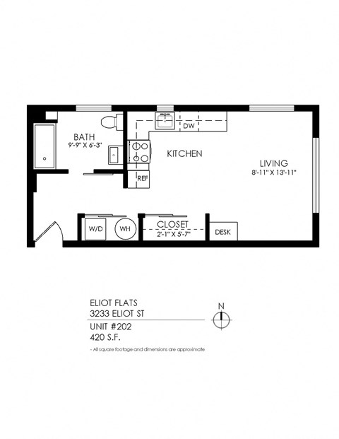 Floor plan for 1 bed, 1 bath, 415 sqft